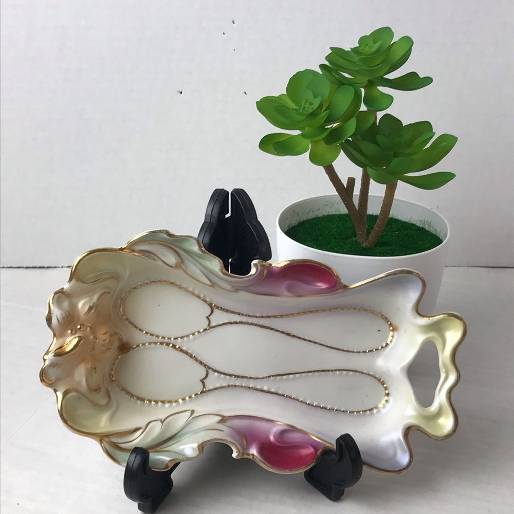 Vtg. German IPF Porcelain Spoon Rest With Iridescent Orange/Purple/Gold Accents